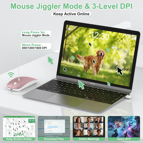 Gizdot 5.2/2.4G 3-Level Wireless Mouse for Laptop/MacBook Air/Pro & iPad, Mouse Jiggler Mode Bluetooth Rechargeable