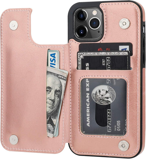 ONETOP Wallet Case for iPhone 12/12 Pro, PU Leather with Card Holder, Kickstand, Rose Gold