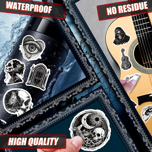 100PCS Waterproof Cool Gothic Stickers, Black and White Punk Vinyl Decals for Water Bottle, Phone Case, Laptop, Horror