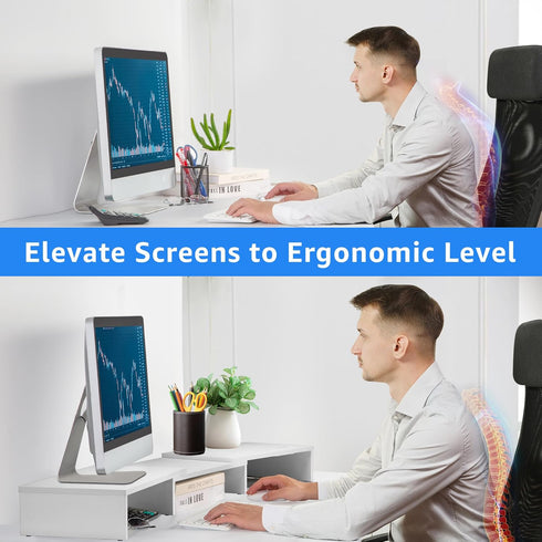 Dual Monitor Stand Riser for 2 Monitors, Adjustable Wooden Desktop Organizer Stand with Smartphone Holder, White