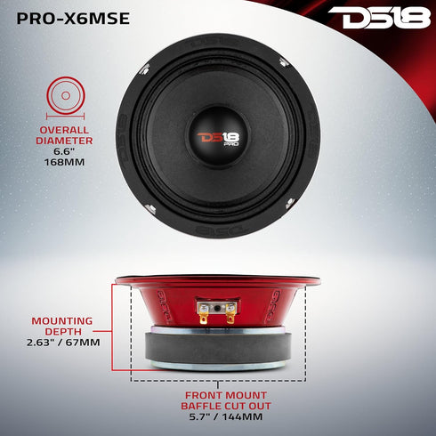 DS18 PRO-X6MSE Loudspeaker, 6.5" Midrange, 450W Max, 225W RMS, 8 Ohms, Premium Audio Door Speakers for Car or Truck