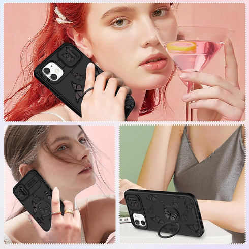 Cute 2-in-1 iPhone 11 Case for Women - Black Butterfly Design, Camera Cover & Ring Stand, Aesthetic Kawaii Funda.