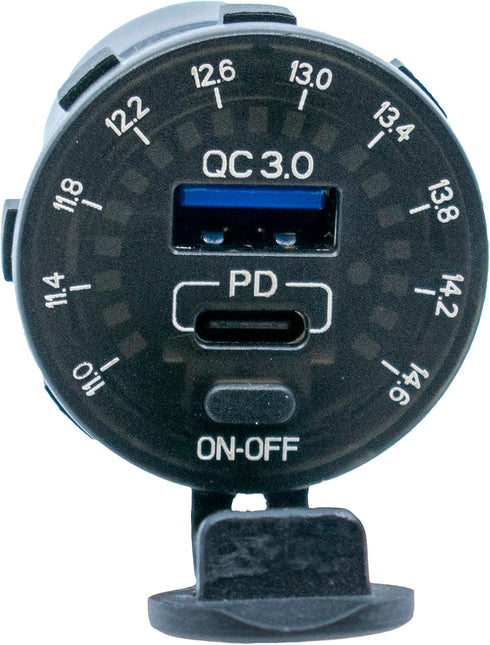 12/24V Socket Dual USB Type C PD 3.0 + USB A Fast Charger - Built-in Voltmeter for Car and Marine