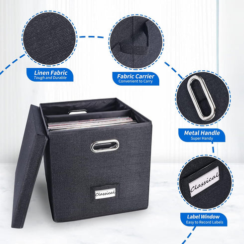 Sturdy Vinyl Record Storage Box - Black Album Storage Holds 50+ Single Records, LP Organizer Crate with Lid
