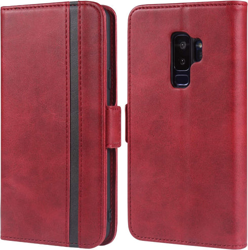 Phone Case for Samsung Galaxy S9 Plus, Leather Wallet with Tempered Glass Screen Protector, Card Holder, Red