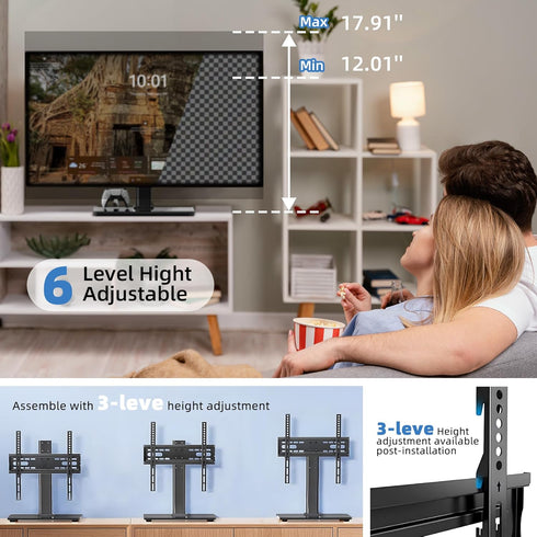 Elevon 26-80" 88 lb 8 mm 6-Level 10-Min 100100-400400 mm Universal Tabletop TV Stand, Steel & Glass Base, Height Snap
