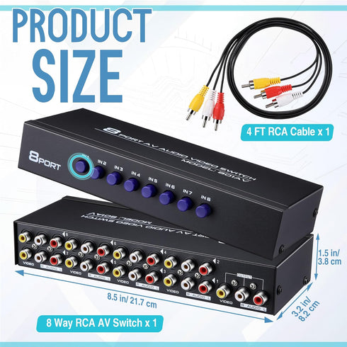 Gulfmew 8 4 8 1 8 Way AV Switch, RCA Switcher with FT RCA Cable, in Out Composite Video L/R Audio Selector Box, Port AV