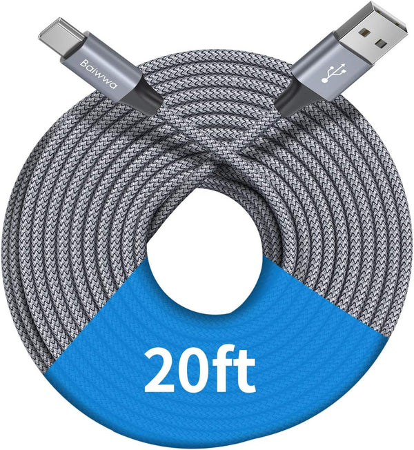 Baiwwa 20ft (6m) Long USB C Cable, USB A 2.0 to Type C Charger Cord Premium Nylon Braided Compatible with Samsung
