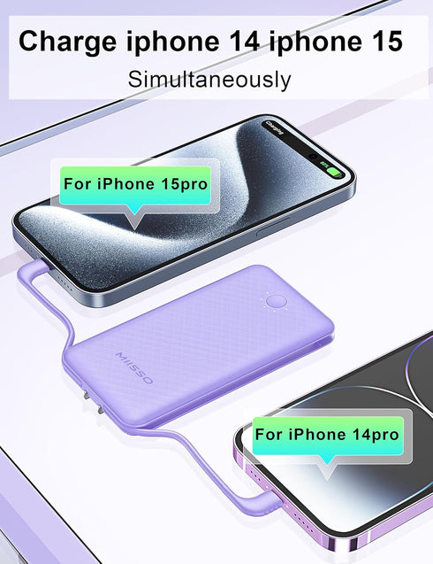 miisso Ultra Slim 10000mAh Power Bank - Built-in Cables, Foldable AC Wall Plug, Pocket Size USB C Portable Charger,