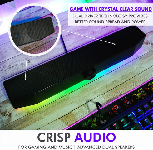 Tilted Nation Gaming Soundbar | RGB Monitor Sound Bar for PC | Crisp Audio and Adjustable LED | Wireless or USB Wired