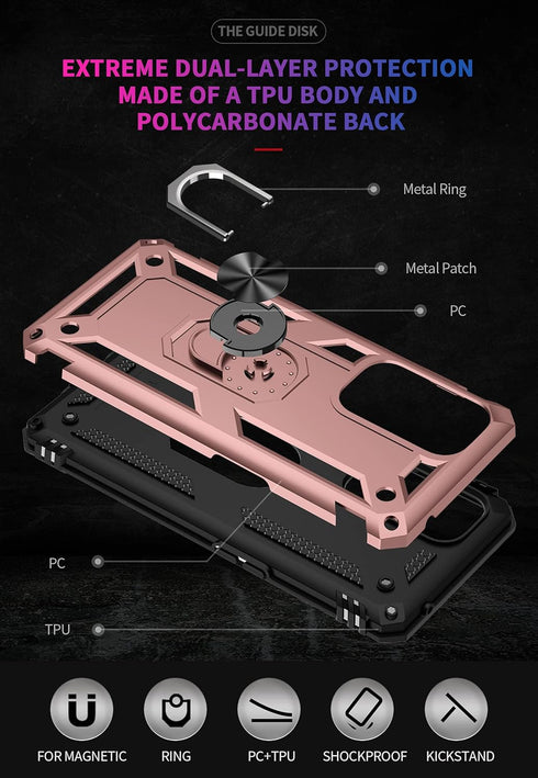 Military Grade Shockproof Case for Oneplus 9 5G, Armor Heavy Duty with 360 Metal Rotating Ring Kickstand (Rose Gold)