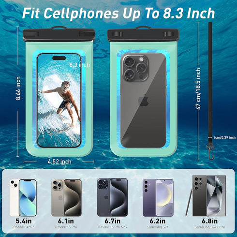 Waterproof Phone Pouch, Universal Case for iPhone 15 14 13 Pro Max XS Plus Samsung Galaxy S22, IPX8 - Green