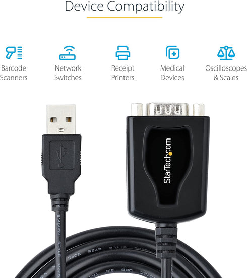 StarTech.com 3ft USB to Serial Cable with COM Port Retention, DB9 Male RS232 to USB Adapter