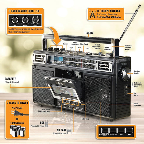 QFX J-220BT Boombox - MP3 Conversion from Radio to Cassette, Bluetooth, Dual 3” Speakers, Built-in Microphone