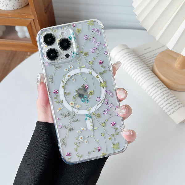 RALEAVO Clear Floral Case for iPhone 13 Pro - Slim, Shockproof, MagSafe Compatible, Cute Flower Branch Design for Women.
