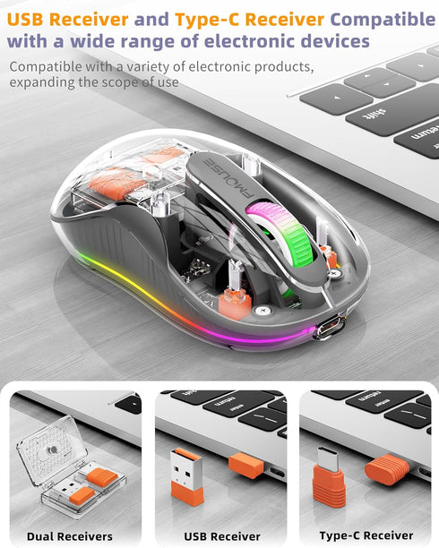 Wireless Bluetooth Transparent Mouse, 2.4GHz with USB & Type-C Receivers, Portable Silent Rechargeable Mice with RGB
