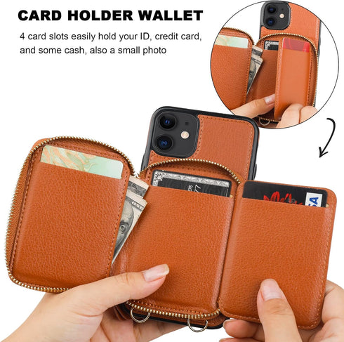 Bocasal RFID Blocking Wallet Case for iPhone 11, Adjustable Crossbody Zipper Purse Case with Kickstand, Brown