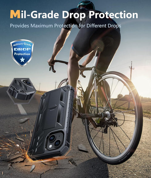 FNTCASE iPhone 15 Case: Rugged Black Dual Layer, Military Grade Shockproof, Kickstand, 6.1" Full Protection Cover.