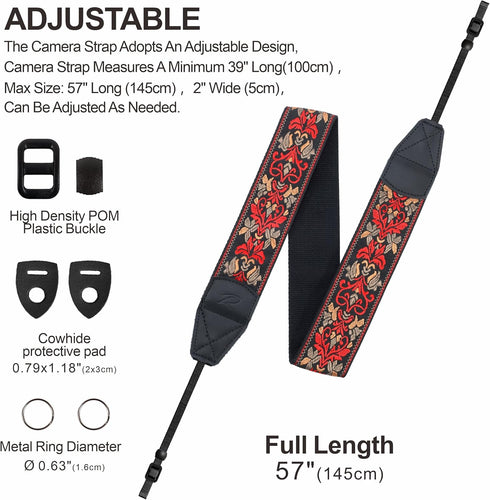 Padwa Lifestyle Camera Strap - 2" Wide Red Vintage Jacquard Embroidery Flower Strap with Genuine Leather Head,