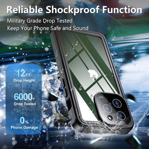 SPIDERCASE iPhone 13 Pro Case, Waterproof with Built-in Lens & Screen Protector, Heavy Duty Protection, Black/Clear