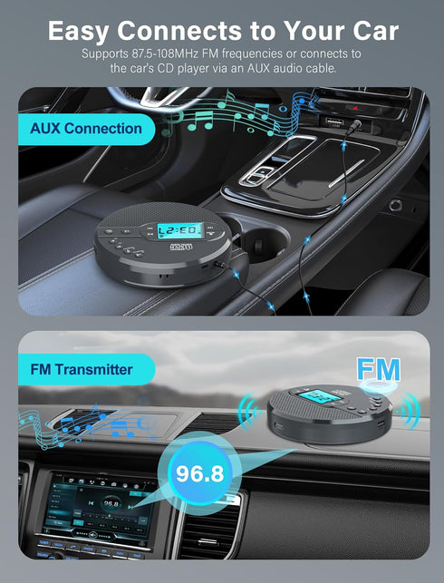 AFU 2000mAh 3.5mm MP3 Portable CD Player with Rechargeable Battery-Bluetooth Connect CD Player with Headphones Jack,FM