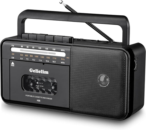 Gelielim Cassette Tape Player Bluetooth Boombox, AM/FM/SW Radio Stereo, Tape Player/Recorder with Big Speaker, Earphone