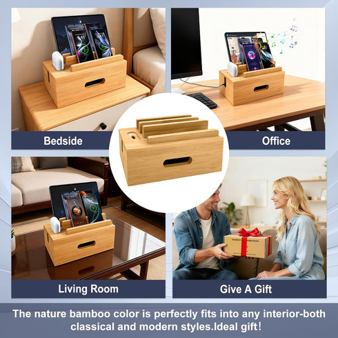 Osmudax Bamboo Charging Station for Multiple Devices, Cable Management Box for Power Strip, USB Charger & USB Charging