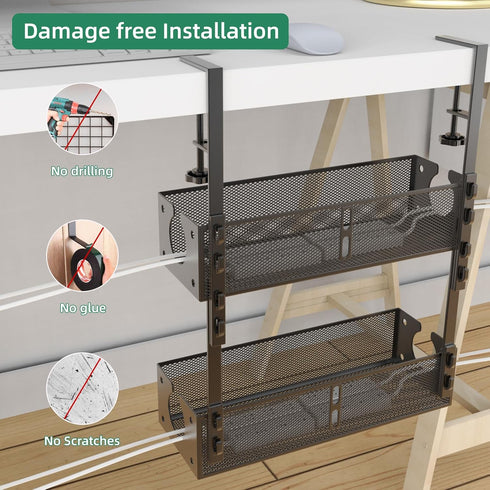 Multi-Model Under Desk Cable Management Tray 2 Packs, Metal Wire Management Clamp for No Damage to Desk (Black)