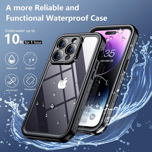 SPIDERCASE Waterproof Case for iPhone 14 Pro, Built-in Lens & Screen Protector, Heavy Duty Protection, Black/Clear