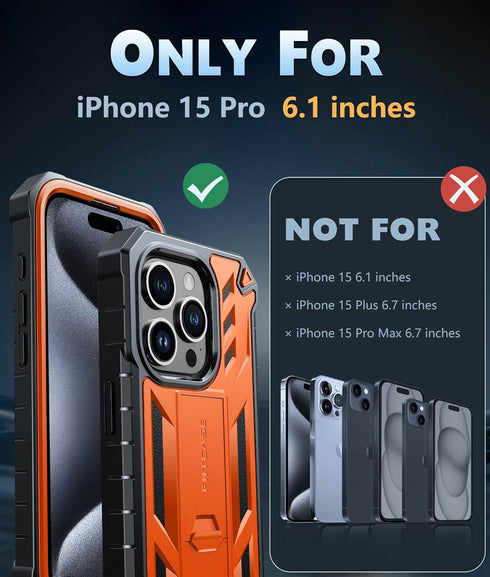 FNTCASE for iPhone 15 Pro Case: Military Grade Drop Proof Rugged Protective Cell Phone Cover with Kickstand & Built-in Protector | Matte Textured Shockproof TPU Hybrid Bumper Cases (Orange)