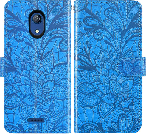 Asuwish Lace Wallet Phone Case for Cricket Vision 3/Debut/AT&T Calypso 1 2 with Tempered Glass & Card Holder - Blue