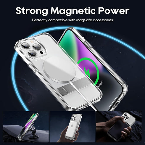 Magnetic Case for iPhone 15 Pro Max, Clear, with Slim Kickstand & Screen Protector, Compatible with MagSafe