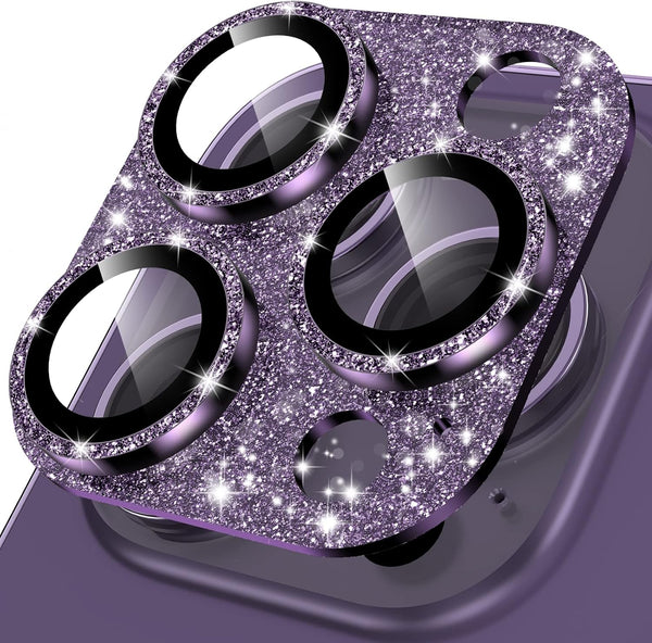 YWXTW iPhone 14 Pro/Pro Max Camera Lens Protector - Glitter Diamond Metal Ring, Tempered Glass Cover (Purple)