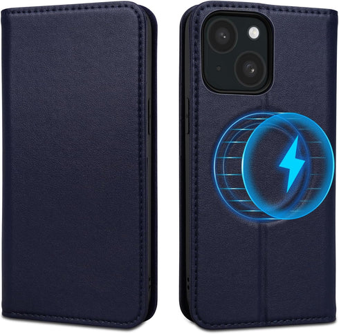 Wallet Case for iPhone 15 Plus - Dark Blue, Genuine Leather Flip Folio, Compatible with MagSafe, RFID Blocking