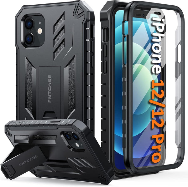 FNTCASE iPhone 12 Pro Case: Rugged Military Grade Drop Proof Cover with Kickstand, Matte Textured Shockproof TPU - Black