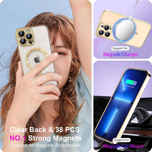 iPhone 15 Pro Case MagSafe - Transparent Electroplated Magnetic Case with Screen Protector & Camera Cover (Gold)