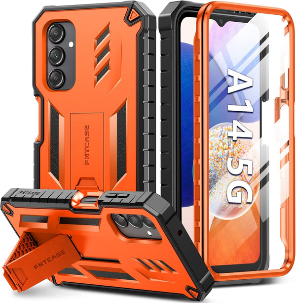 FNTCASE Samsung Galaxy A14-5G Case, Orange, Dual-Layer Protective Textured Shockproof Rugged TPU Cover with Kickstand