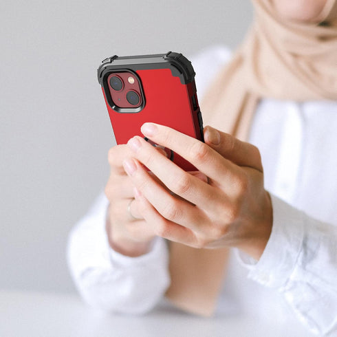 IDweel iPhone 15 Case - Red, 3-in-1 Shockproof Hybrid, Hard PC & Soft Silicone Bumper, with Tempered Glass Protector.