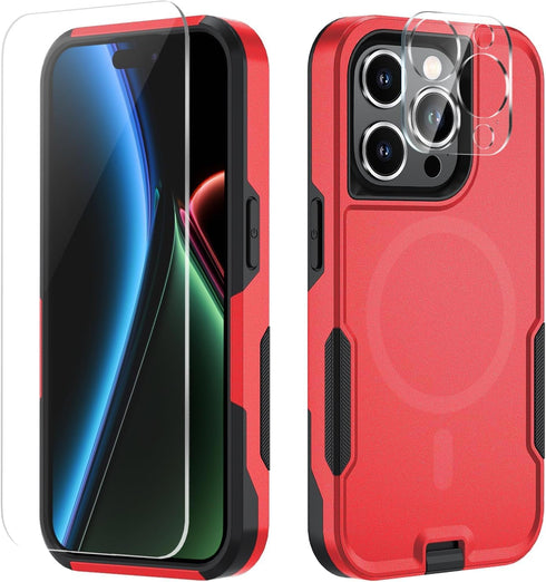 iPhone 15 Pro Case Cover (Red) with MagSafe, MIL-Grade Drop Tested, Tempered Glass Screen Protector & Camera Lens.