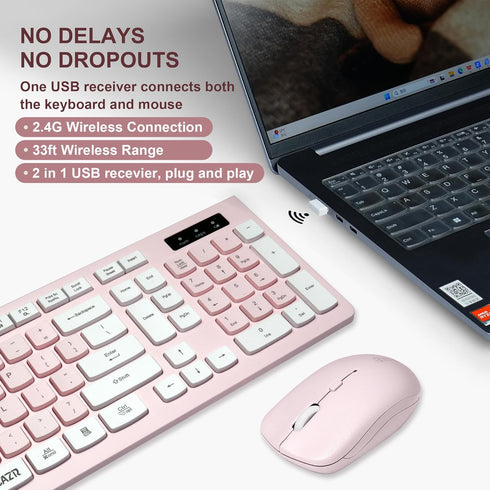 Wireless Keyboard and Mouse Combo, Reccazr 2.4G Full-Sized Keyboard and Mouse Cordless for Windows/Mac