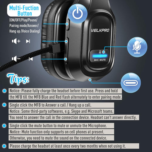 Wireless Headset with Microphone, Single-Ear Headphone, Adjustable Headband, Noise Isolation Mic for Home Office