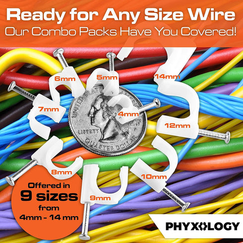 Pro-Grade Cable Clips with Steel Nails, 5mm, 7mm, 9mm Wire Holders, 100 Per Size, UV Resistant Plastic
