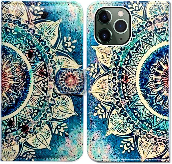 Case for iPhone 11 Pro Max, Green Circular Mandala Flip Leather Wallet Cover with Credit Card Slot and Kickstand