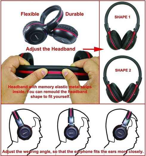 SIMOLIO IR Headphones for Car DVD, Infrared Headphones Kids Universal 2 Channel, Wireless with Bag & 3.5mm AUX Cord for