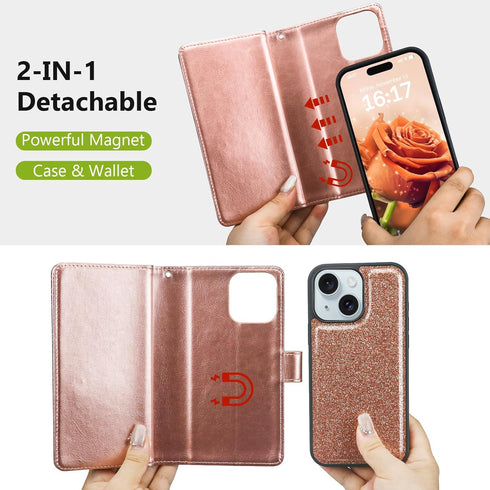 Varikke Detachable Wallet Case for iPhone 13 with 9-Card Holder for Women, Glitter PU Leather, Rose Gold