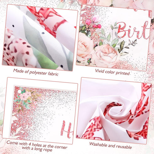 Breling 2 Pcs Pink Happy Birthday Backdrop Banner and Tablecloth for Women, Rose Gold Birthday Party Decorations