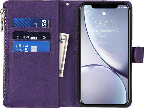 Jaorty Wallet Case for iPhone XR, 9 Card Slots, Wrist Strap, Zipper Cash Pocket, Magnetic Leather Cover, Purple