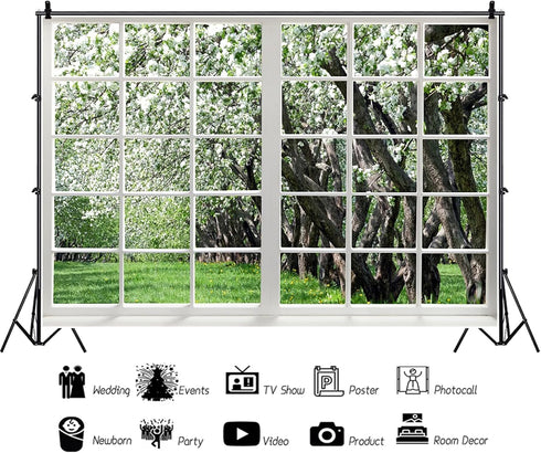 Renaiss 6x4ft White Flowers Trees Window Backdrop for Photoshoot Portrait Spring Scenery Park French Window Photography Background Baby Shower Birthday Party Decors Photo Booth Props Wallpaper