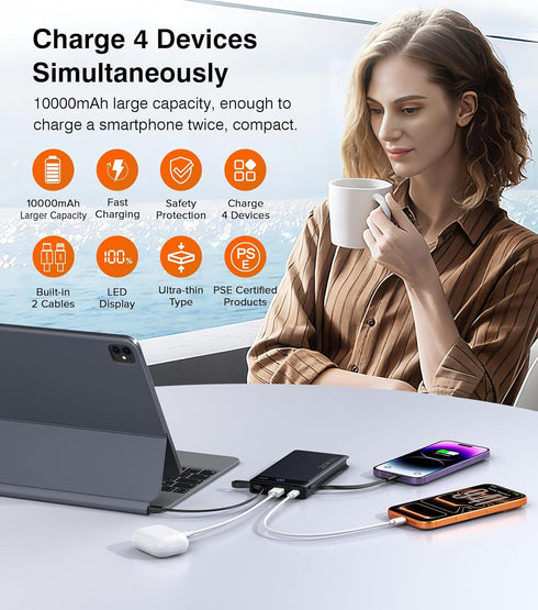TEMINICE 2 10000mAh, 22.5W Pack, 17 16 15 etc(1 Power Bank with Built-in Cables PD Slim Portable Charger USB C Battery