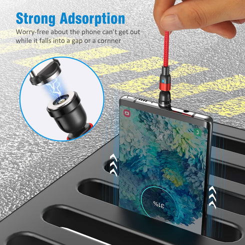 Red Magnetic Charging Cable 4 Pack (10ft each) - 540° Rotation, Nylon Braided, Type C & Micro USB Compatible.